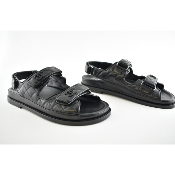 Chanel Black Leather Quilted Chain CC Logo Mule Slide Strap Flat Dad Sandal 36 - Picture 6 of 9